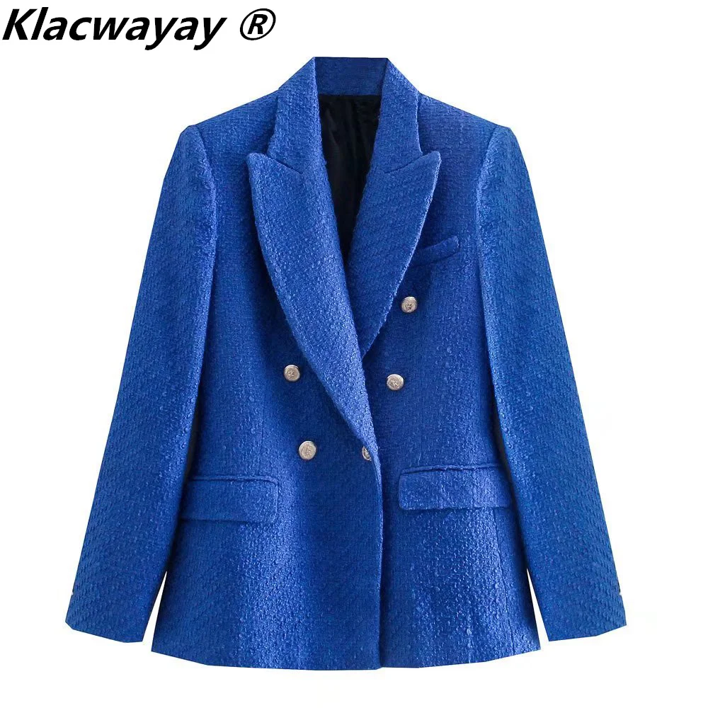 

Klacwaya Blazer Women Tweed Jacket Women 2021 Double Breasted Blue Blazer Office Lady Tweed Blazers Coat Checked Jacket Female