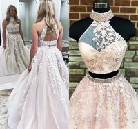 two pieces high neck 2019 backless prom dresses lace appliques beaded illusion graduation party gown vestidos de gala prom dress