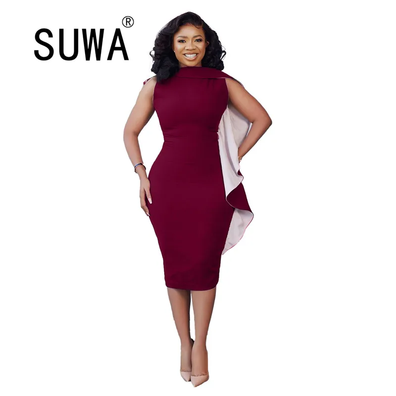 

2021 Solid Color Ruffles Patchwork Sheath Midi Summer Dresses For Women Bodycon Party Night Club Sexy Office Elegant Dress