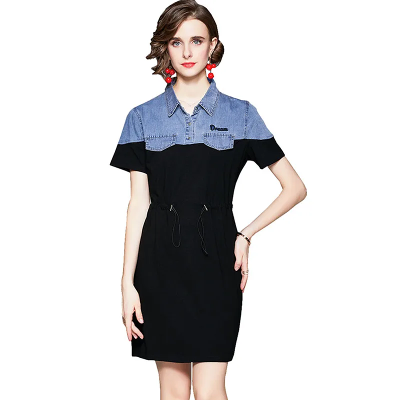 

Women Summer Dress Receive Waist Loose Denim Patchwork Dresses Elegant Lady Slim Dress Female Fashion Casual Office Dresses G373