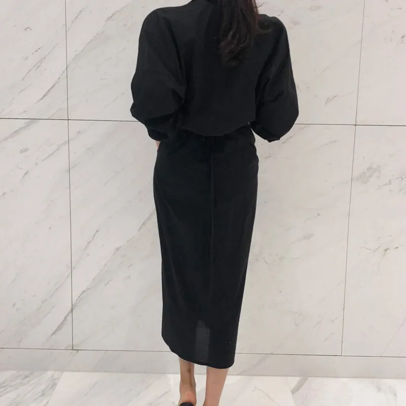 Женское платье на шнуровке CHICEVER черное приталенное с высокой талией и разрезом