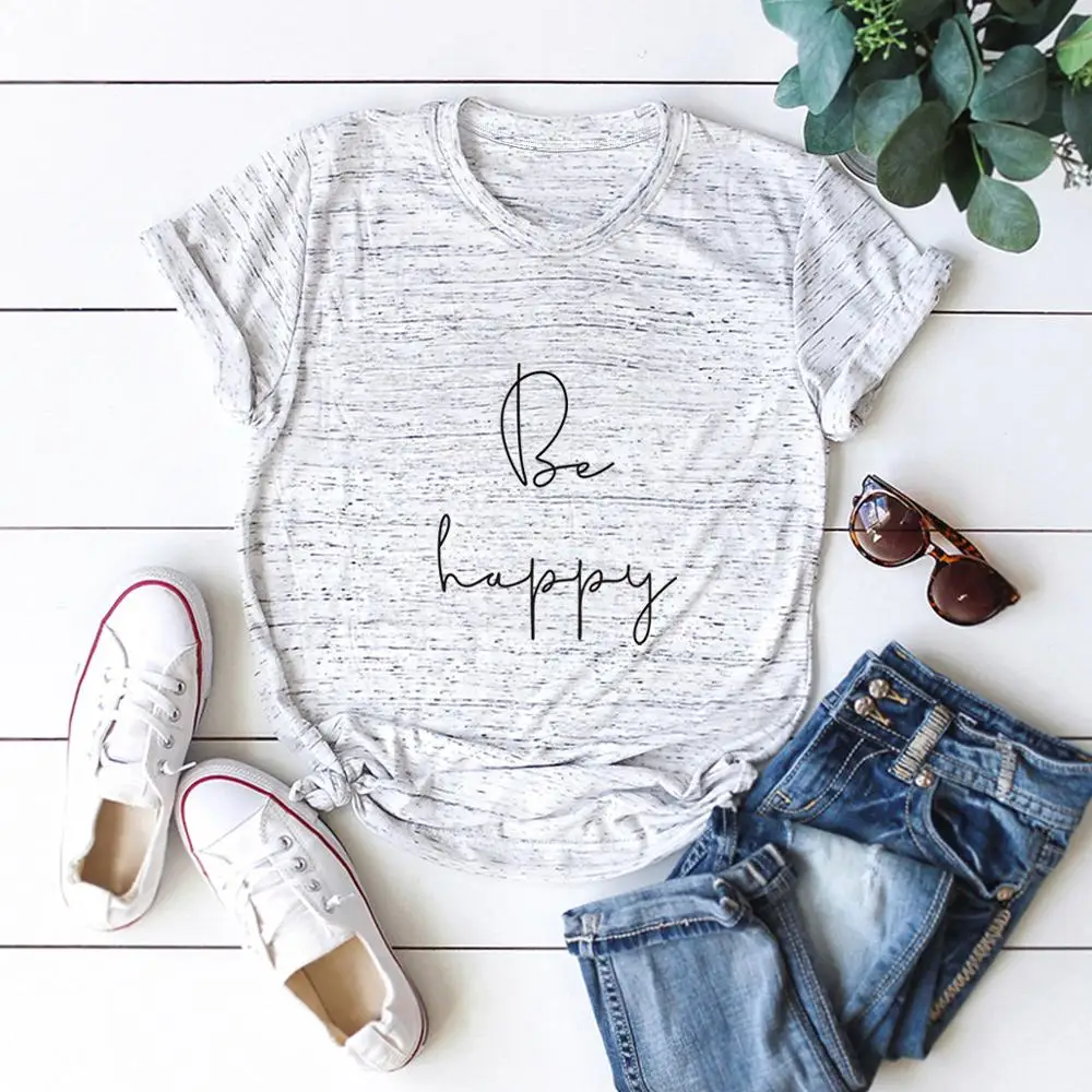 Be Happy Letter Printed Casual Girls T-Shirts Simple loose Summer Women short Sleeve Office Tees Tops Plus size XXXXL 5XL | Женская