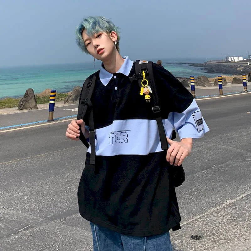 

Мужская летняя рубашка-поло в гонконгском стиле, новинка 2021, футболка для влюбленных в стиле хип-хоп с лацканами и короткими рукавами, уличн...