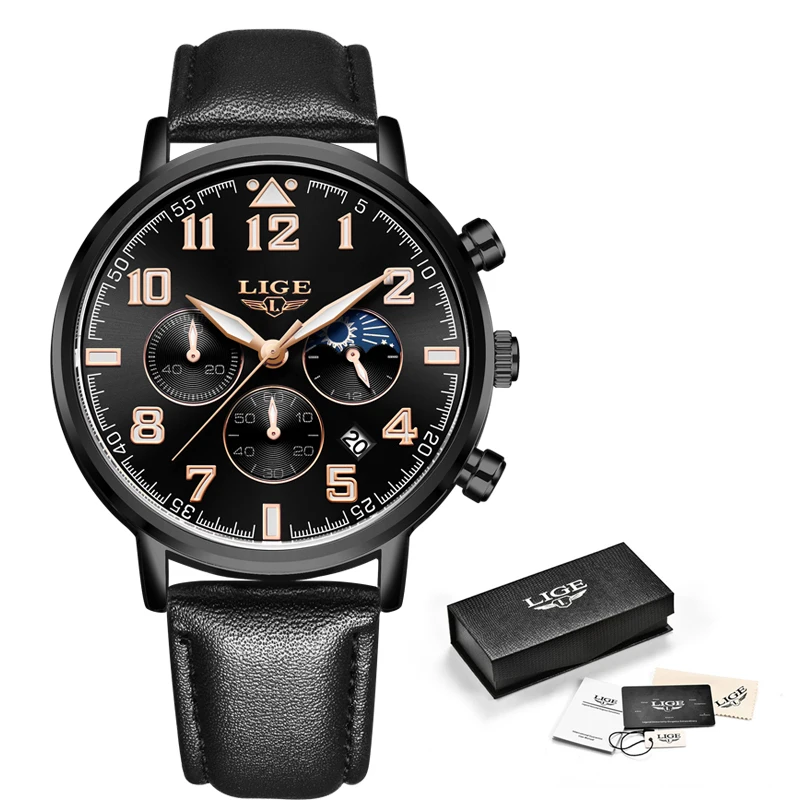 Часы наручные LIGE Мужские кварцевые брендовые Роскошные спортивные