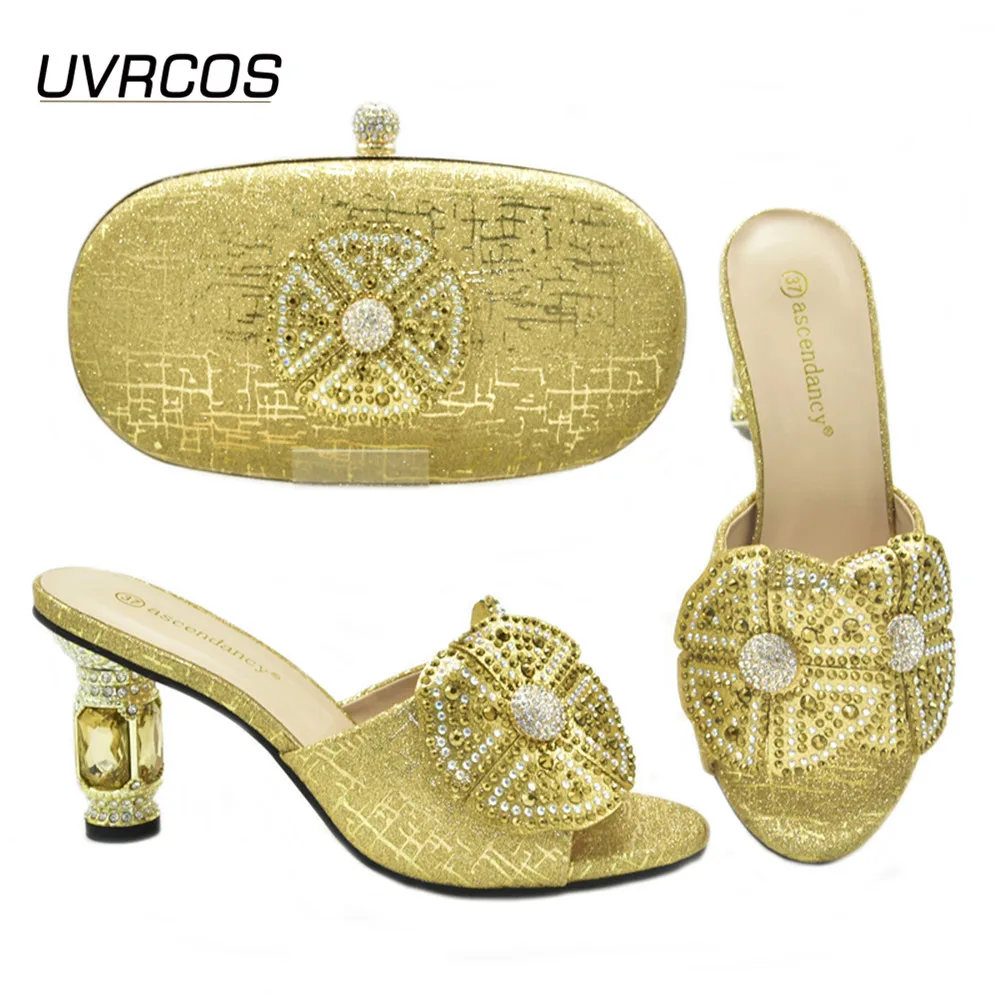 Nigerian 2021 New Italian Design Party Elegant Women Shoes and Bag Set Decorated With Rhinestone Mixing Metal in Golden Color  - buy with discount