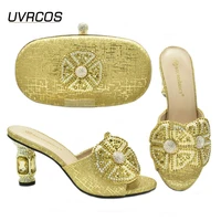 nigerian 2021 new italian design party elegant women shoes and bag set decorated with rhinestone mixing metal in golden color