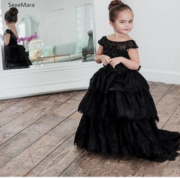 Black Lace Puffy Baby Girl Birthday Party Dress Tiered Puffy Kids Clothes Pageant Party Gown New Year