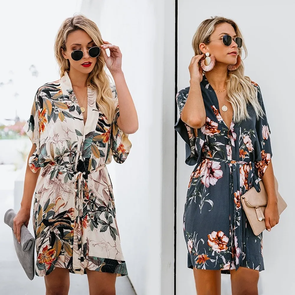 

Women's Beach Dress 2022 Summer Dress Beachwear Short Sleeve Lace Dresses Printed V-neck Dress Irregular Single-breasted Dresses