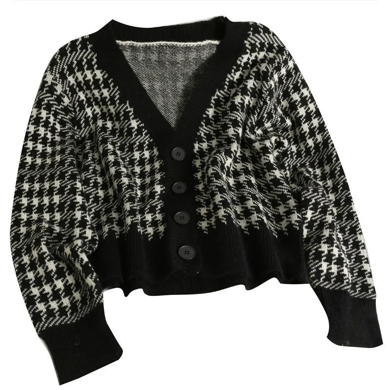 

Contrasting stitching houndstooth long-sleeved cardigan sweater women's autumn loose Knitted sweater coat for women cardigans