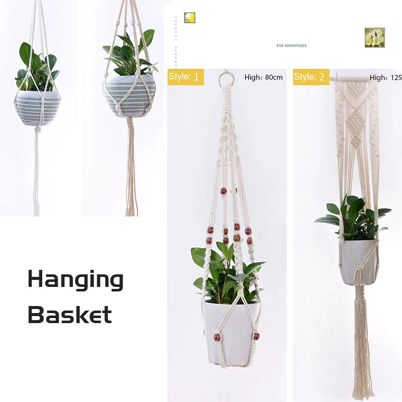 

1pc Home Decor Hanging Basket Plant Hanger Wall Decoration Handmade Macrame Flower Pot Rope Flower Pot for Countyard Garden