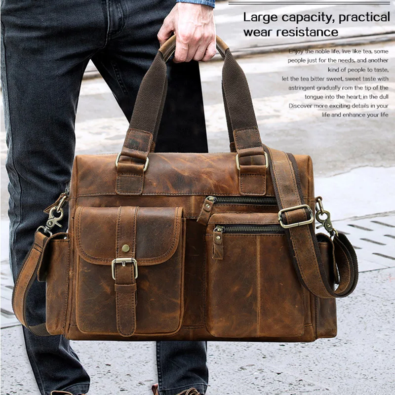Man briefcase vintage crazy horse leather messager bag fit 14 inch laptop handbag big capacity cow leather business travel bags