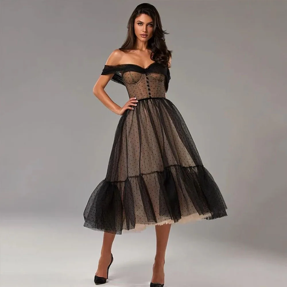 

Modern Black Tulle Prom Dress For Woman With Dots Off Shoulder Ruffles Lace Up Back A Line Sweetheart Neck Party Gown New