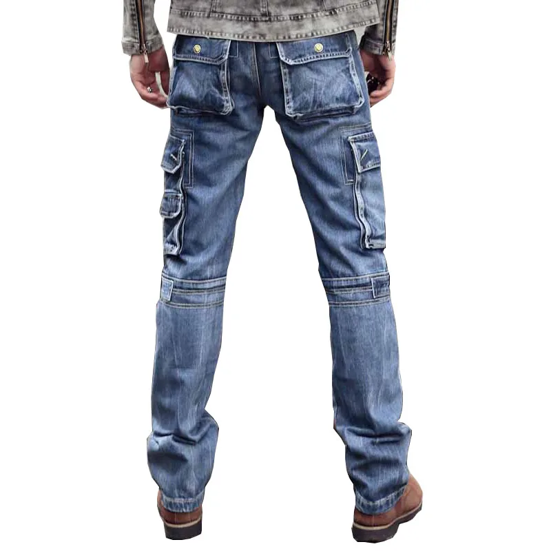 Mcikkny Men Cargo Casual Jeans Pants Multi Pockets Outdoor Denim Trousers For Male Washed Size 29-38