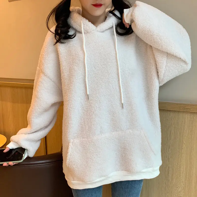 

2022 Winter Lamb Plush Warm Ladies Pullover Solid Color White Plus Velvet Thickening Casual Loose Lantern Sleeve Women Hoodie