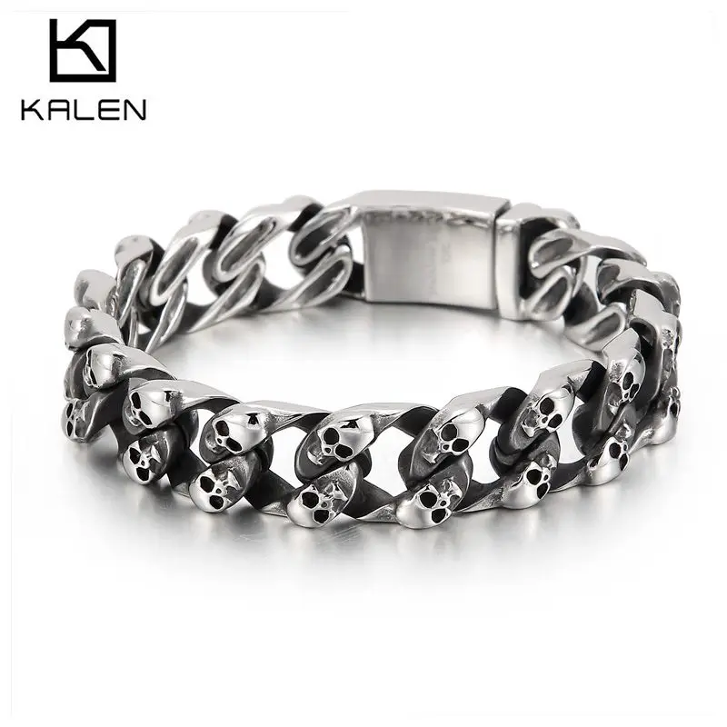 

15mm Ghost Head Curb Cuban Link Chain Bracelet For Men Stainless Steel 316 Jewelry