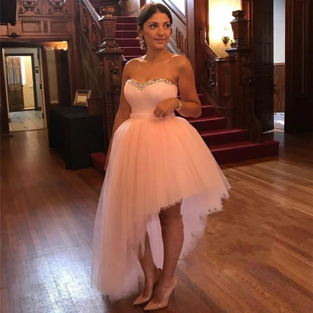 

Blush Pink High Low Prom Dresses Sweetheart Beads Sequins Lace Up Cocktail Party Dress Tulle Custom made Cheap Homecoming Gowns