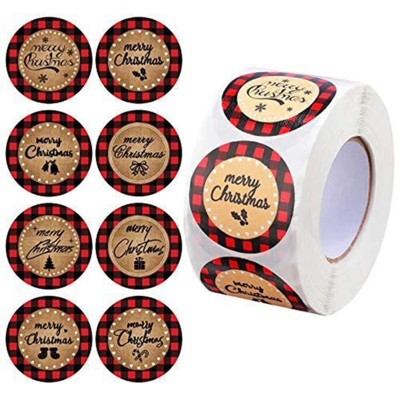 

500pcs Merry Christmas Stickers Plaid Decorative Sticker Wrapping Gift Box Label Xmas Tags for Small Owners Drop shipping