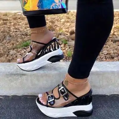 

Summer Large Size Leather Buckle Sandals Women Casual Fish Mouth Platform Sandals Wedge Heel Women's Height Increasing Shoes