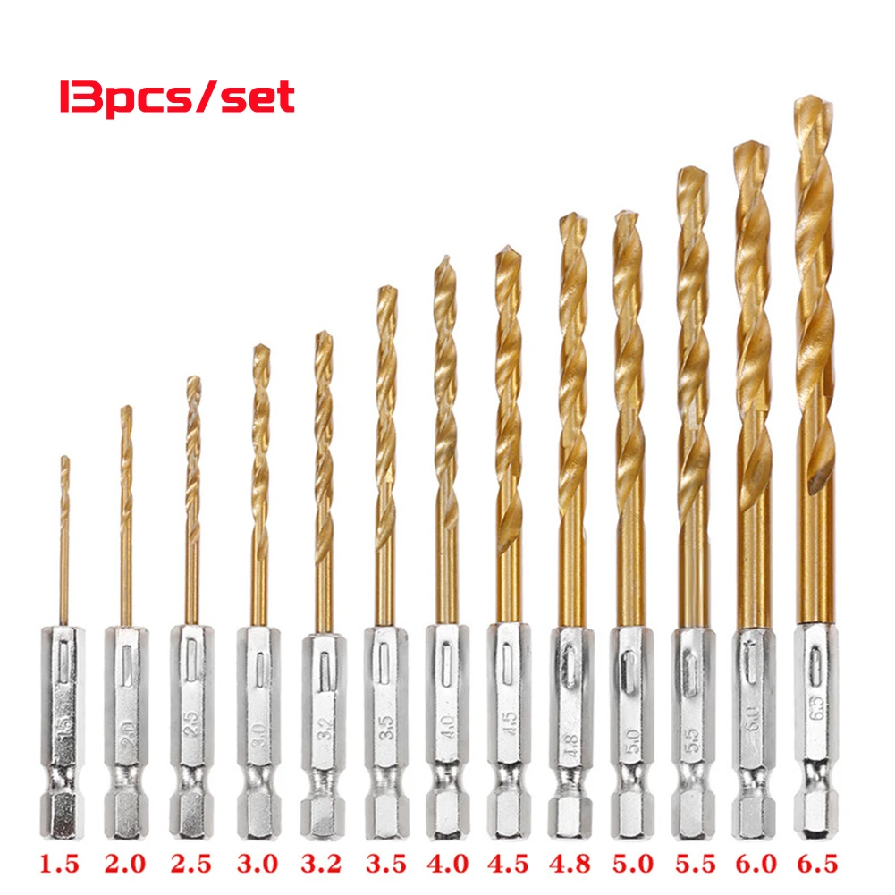 

13Pcs/set 1.5mm-6.5mm HSS High Speed Steel Titanium Coated Drill Bit Set 1/4 Hex Shank Twist Drill for Power Tools Accessories