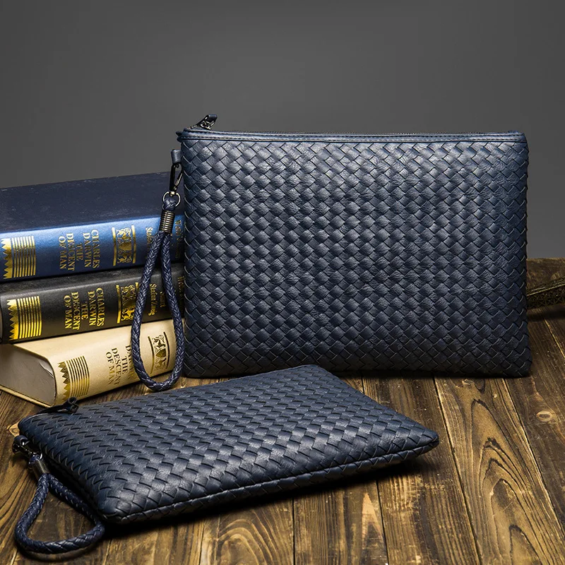 Men Leather Business Handbag 2020 New Fashion Male Black Envelope Bag Male Casual Weave Leather Briefcase