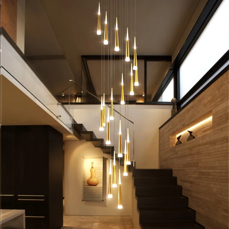 LED Chandelier Gold/Black/White/Coffe/Silver Staircase Long Pendant Lamp Duplex Building Villa Attic Adjustable Hanging Light