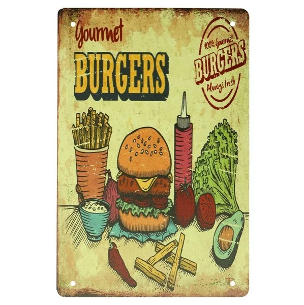 

Gourmet Food Burgers Humburger Metal Tin Sign Decor Coffee Bar Wall Poster Hanging Art Plaque Sign Home Wall Decor