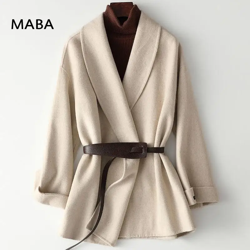 

Женское двухстороннее шерстяное пальто, элегантное роскошное офисное пальто с отложным воротником и длинным рукавом, с кожаным поясом, нов...