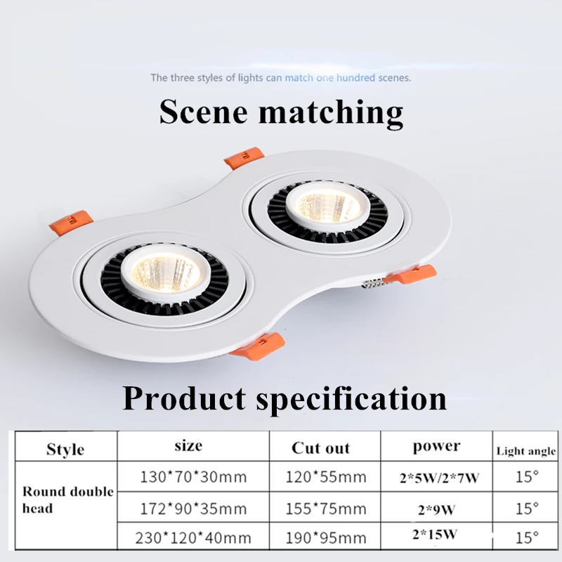 Luz descendente LED redonda regulable de doble cabezal, 85-265V, 10W, 14W, 18W, 30W, foco de lámpara de techo con ángulo ajustable, iluminación para el hogar