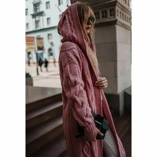 Женский Повседневный вязаный кардиган свитер с длинным рукавом и капюшоном