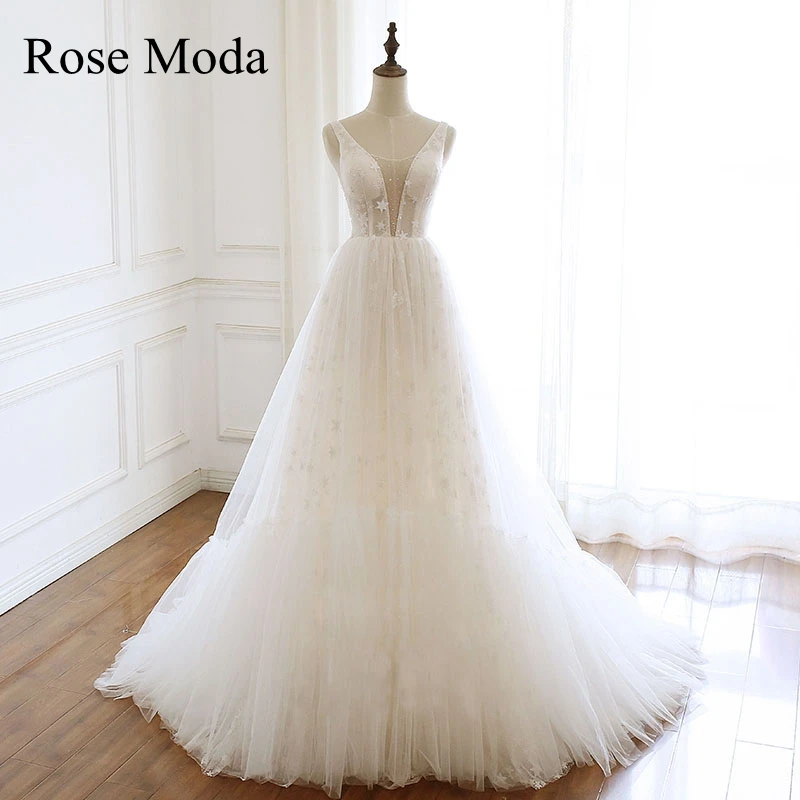

Rose Moda Illusion Deep V Neck Glittering Lace Boho Wedding Dress Destination Bridal Gown