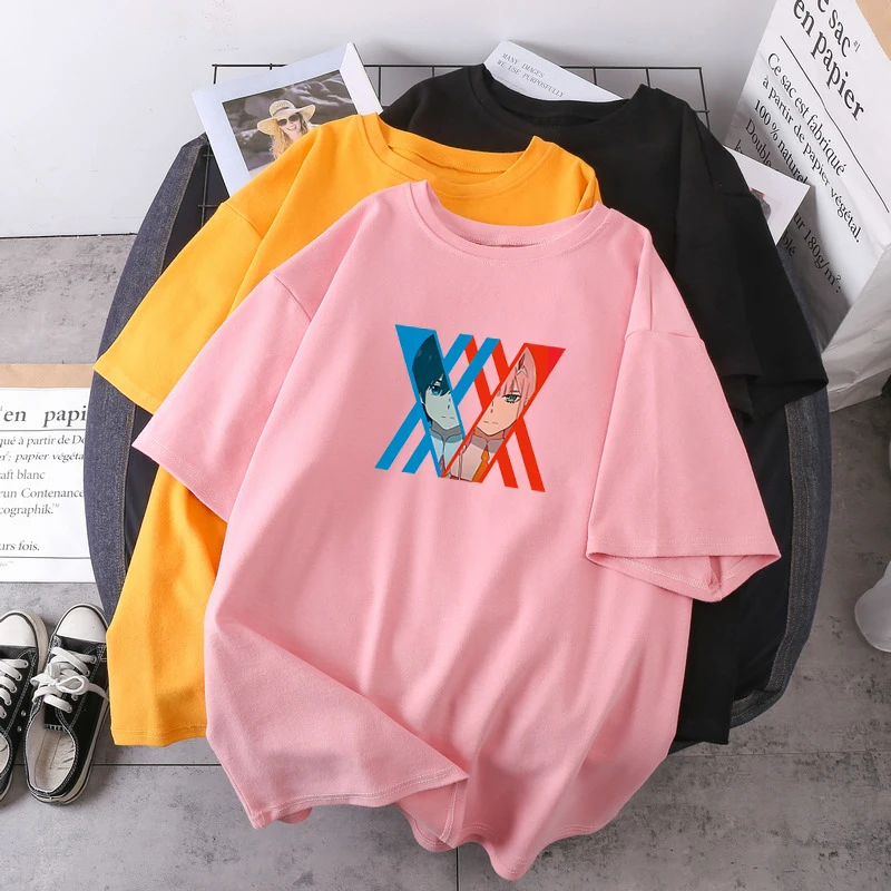 

Women Darling In The Franxx Anime Tees HIRO And ZERO TWO Japan Summer T-shirts Oversize O-neck Lady Clothing Fashion Camisetas