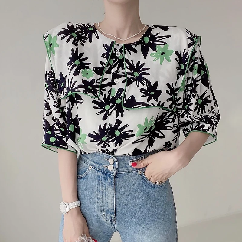 

Korejpaa Women Shirt 2021 Summer Korean Chic Western Style Vintage Colored Flower Lapel Single-Breasted Loose Casual Blouses
