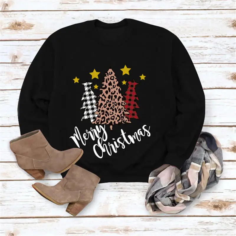 

Women Merry Christmas Trees Leopard Plaid Aesthetic Soft Graphics Casual Top Shirt Long Sleeve Trendy Autumn Thin Sweatshirt