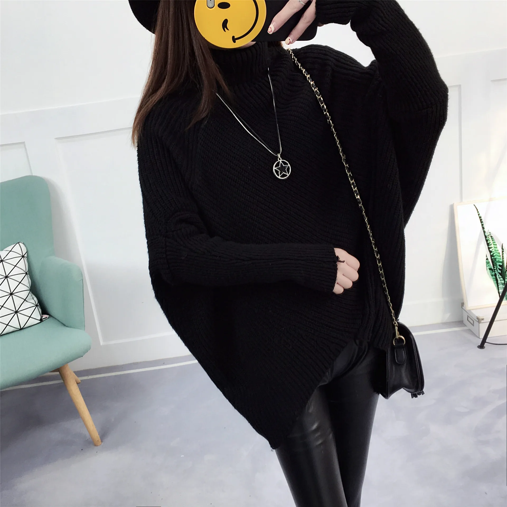 LOOSE SWEATER WOMEN CASUAL 2021 TURTLENECK SOLID COLOR BAT SLEEVE AUTUMN AND WINTER THICK HOT WOMENS SWEATERS VESTIDOS LXJ643 | Женская