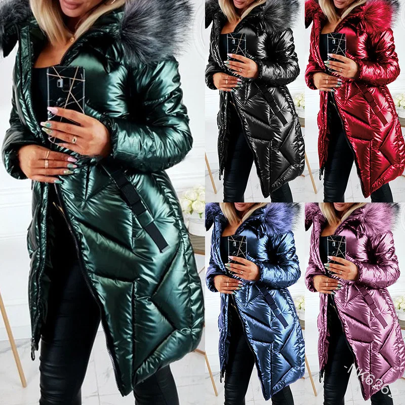 

Women Cotton Winter Hooded Casual Bright PU Solid Color Big Fur Collar Slim Mid-length Long-sleeved Zipper Fashion Warm Jacket