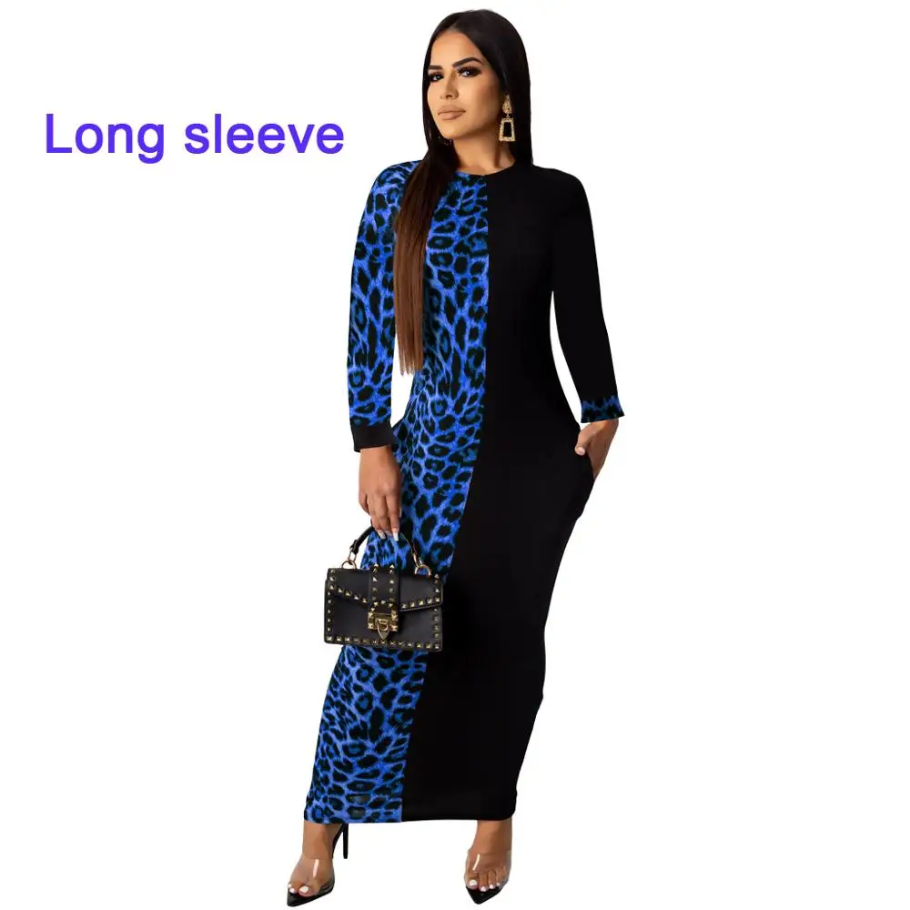 D long sleeve Осень Лето Женское лоскутное леопардовое платье бодикон Длинное Макси платье сексуальное Клубное платье для вечеринки женское платье размера плюс - Цвет: D long sleeve