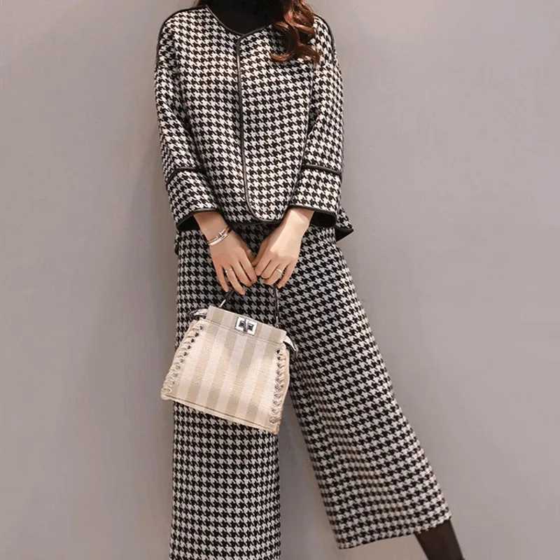 

Qualities Autumn Winter Woolen Plaid 2Pcs Pants Outfits Fashion Long Sleeve O-Neck Short Coats Casual Loose Fit Wide Leg Pants