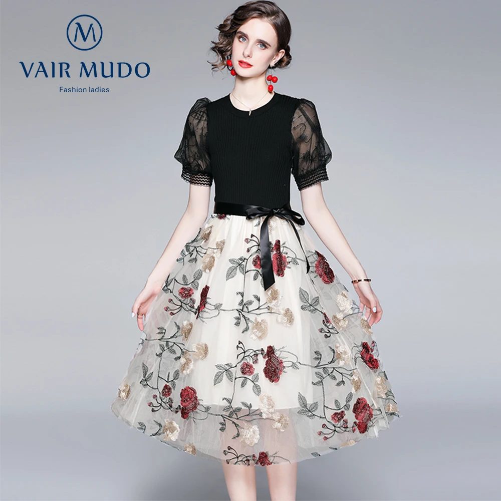 

2021 Summer New Dress Knitting Stitching Heavy Industry High Waist Mesh Three-Dimensional Embroidery Lace Large Skirt DresY-213