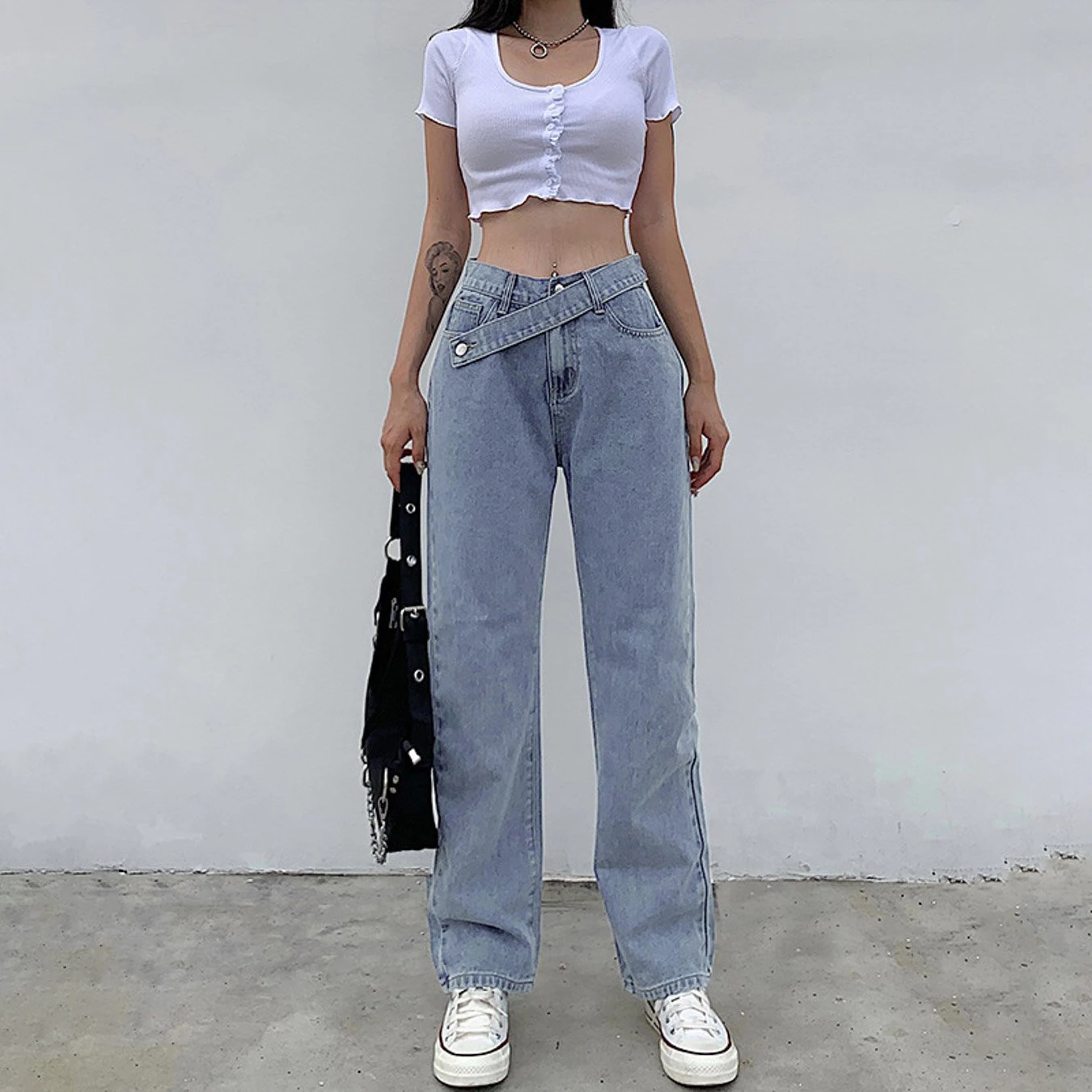 

Autumn Fashion Women’s Pants Denim Trousers Y2k Baggy Woman High Waist Streetwear Clothing Distressed Jeans Asymmetric Waistband