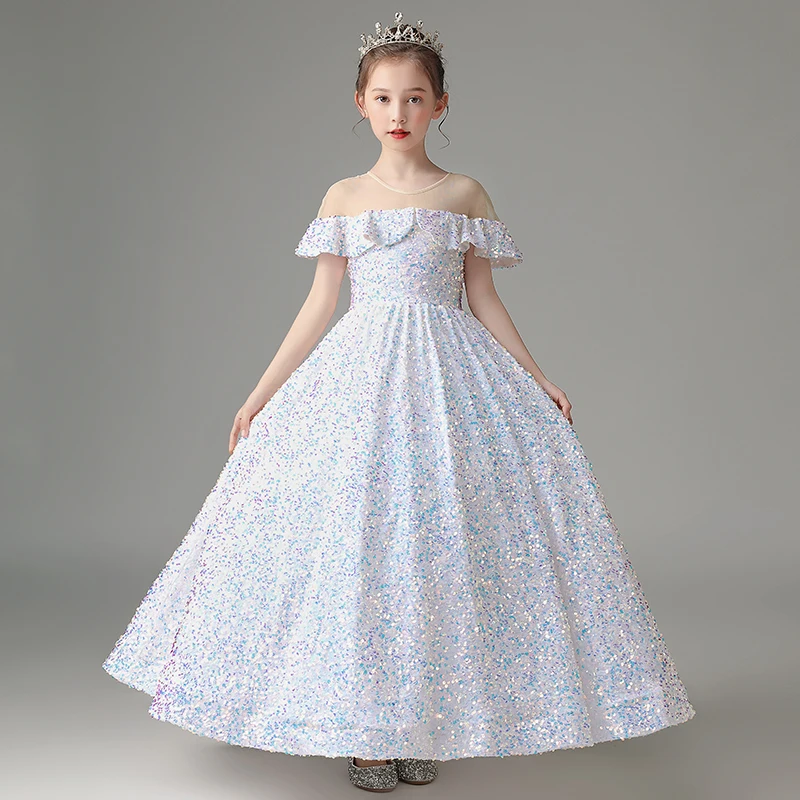 

Shining Sequins Flower Girls' Dresses Sheer Neckline Sparkling Shining Sequins Fabric Ball Gown Girls' Party Gowns