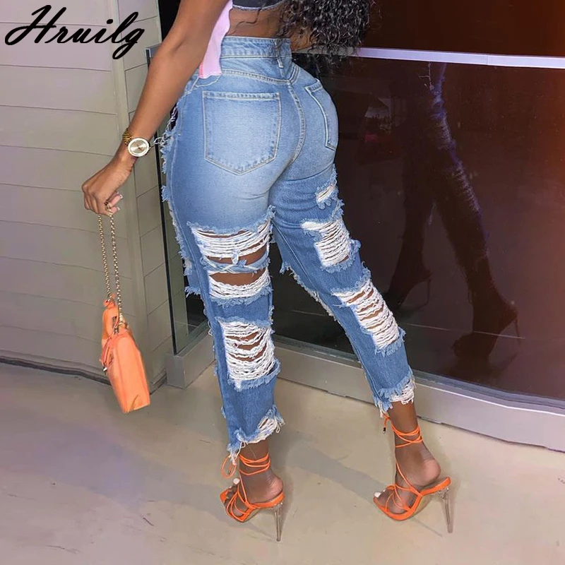 

Loungewear Women Big Hole Placket with Zipper Women Jeans Pants Distressed Fashion New Arrival Casual Pantalones Para Mujer