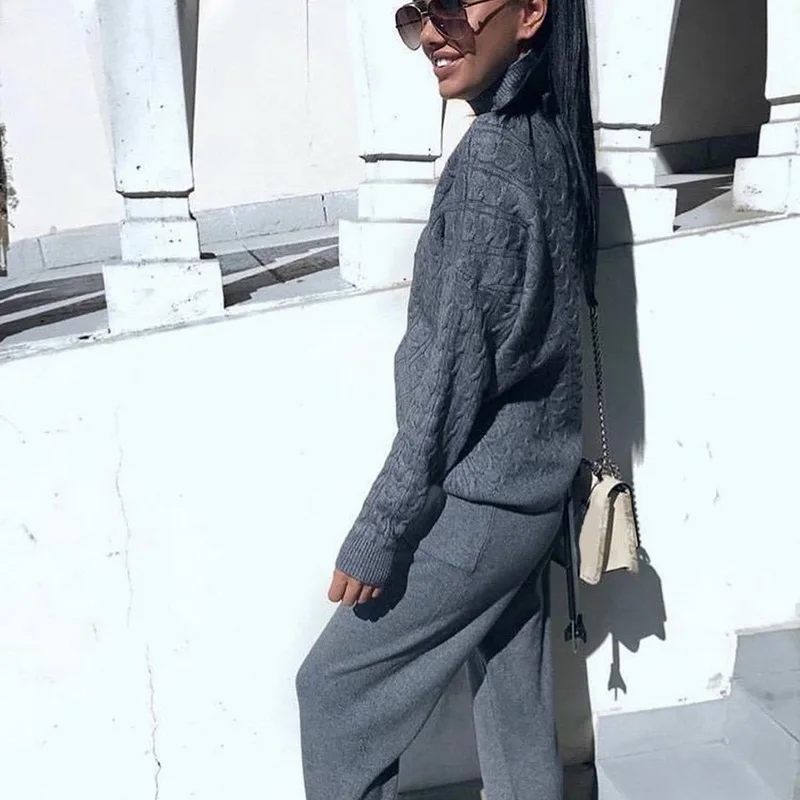 Женские костюмы шерстяной Теплый вязаный комплект водолазка твист свитер + штаны