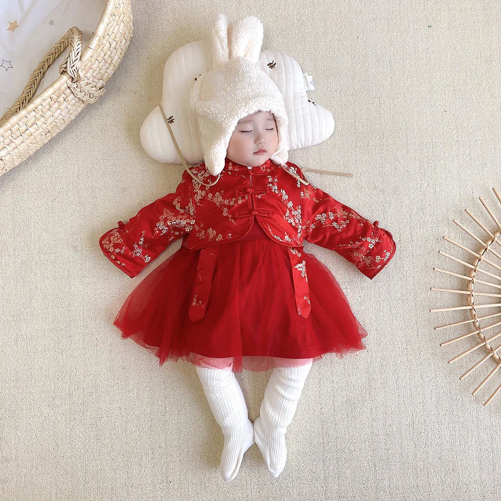 

Новогодний костюм для девочек, платье принцессы, красный бархатный китайский стиль, Ципао, Цветочная детская зимняя одежда, рождественские ...