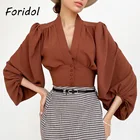 Foridol фонари рубашка с длинными рукавами в винтажном стиле топы для женщин с v-образным вырезом женские офисные Топы; Сезон весна-осень; Топы белого цвета Шик Женская одежда