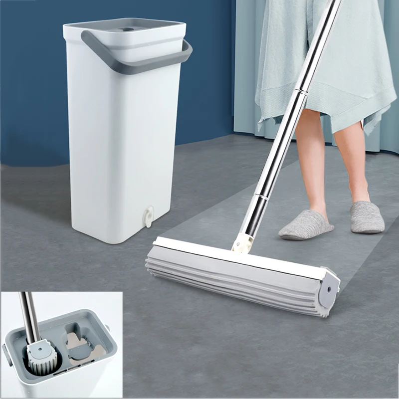 

Congis Sponge Mops Flat Squeeze Mop Buckets New with Microfiber Pads Hand Wash Free Self-Extruding Home Floor Tile Cleaning Tool