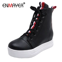 enmayer platform sports boots lace up round toe height increasing ankle boots for women pu short plush solid cross tied shoes