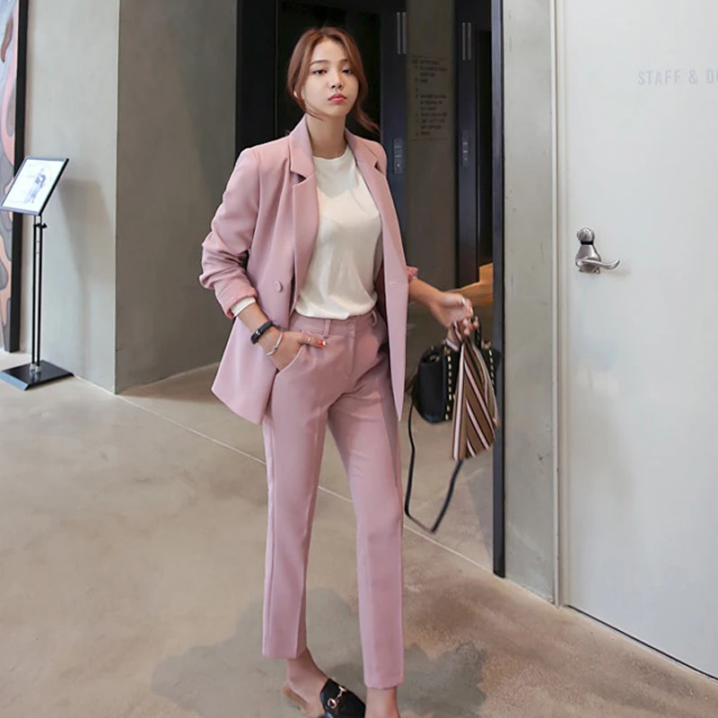 Осенний Новый корейский Тонкий костюм женский комплект из блейзера двубортный