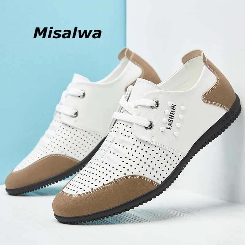 Misalwa Elevator 5CM Men Shoes Summer Casual Leather Loafers Flat / Height Increase Hollow White Sneakers Adult Moccasins | Обувь
