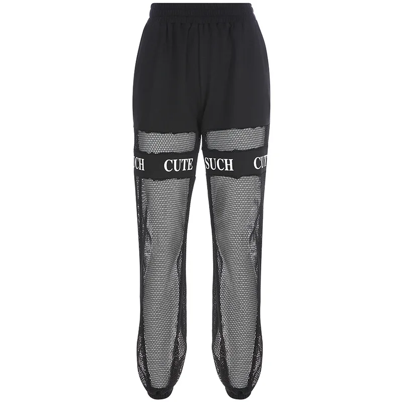 

Black Gothic Streetwear Pants Casual Fishnet Mesh Patchwork Baggy Pants Women Summer 2020 Elastic Igh Waist Trousers