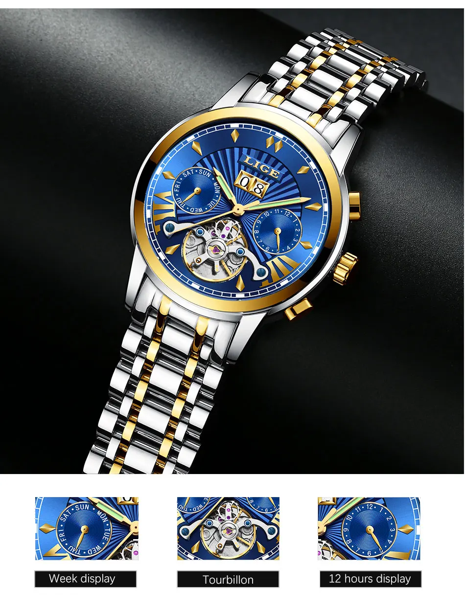 LIGE мужские s часы Топ люксовый бренд Tourbillon автоматические механические часы мужские водонепроницаемые часы со скелетом Montre Homme+ коробка